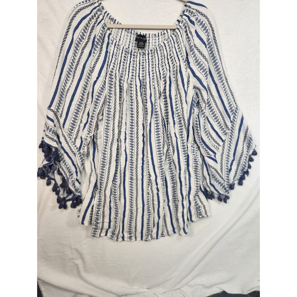 Step In Style Plus 2X White/Blue Striped Scoop Neck Tassel Kimono Blouse Boho